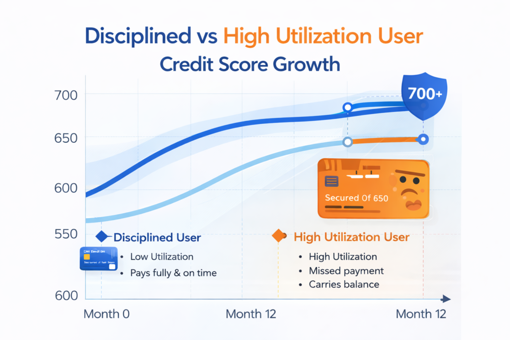 How Long Does It Take to Build Credit? A Realistic Timeline for 2026 credit score growth comparison disciplined vs high utilization