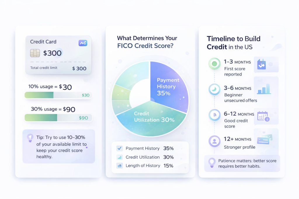 What determines your FICO credit score and timeline to build credit in the US